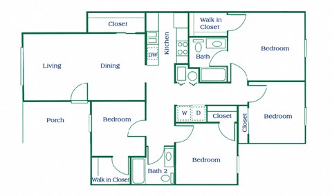 Floor plan for 4 beds, 2 baths, 1364 sqft